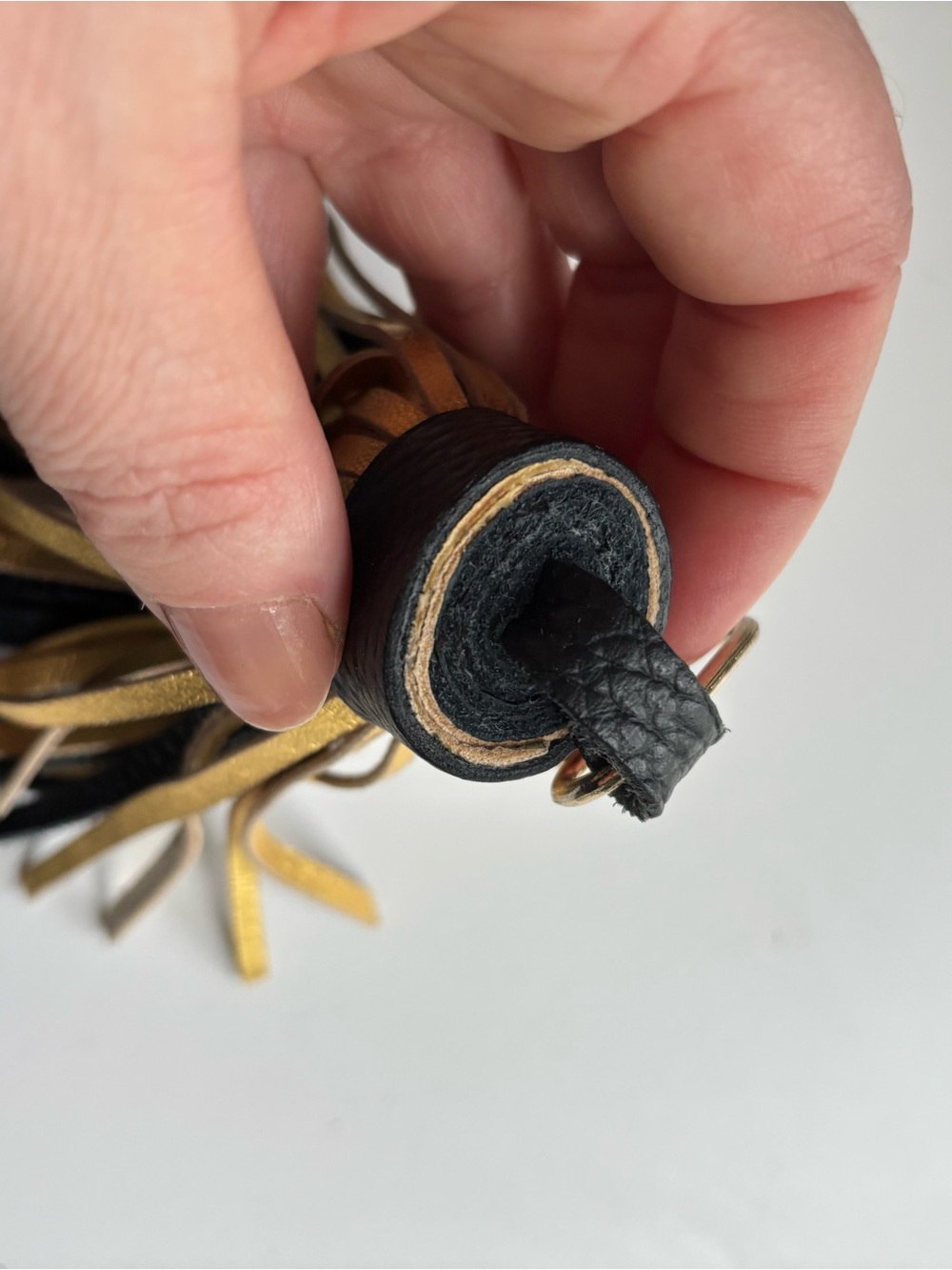 Black & Gold Leather Tassel Keyring with Gold Hardware - Picture 7 of 9